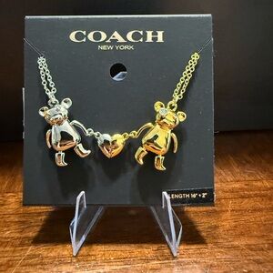 RARE NEW Coach Gold Silver Tone Teddy Bear Heart Friendship Necklace Set